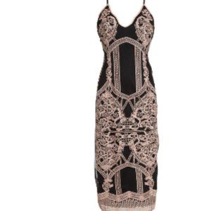 Foxiedox Embroidered V-Neck Tea Length Dress